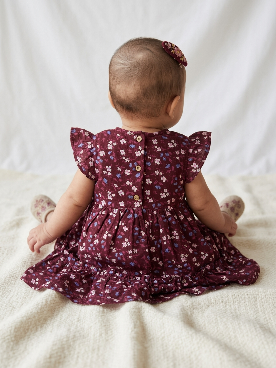 Girls' Luxe Mulberry Botanical Tiered Dress – Flutter-Sleeve Floral Occasion Wear in Airy Georgette - Serromi