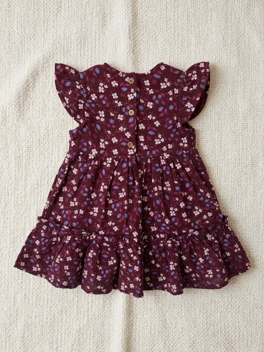 Girls' Luxe Mulberry Botanical Tiered Dress – Flutter-Sleeve Floral Occasion Wear in Airy Georgette - Serromi