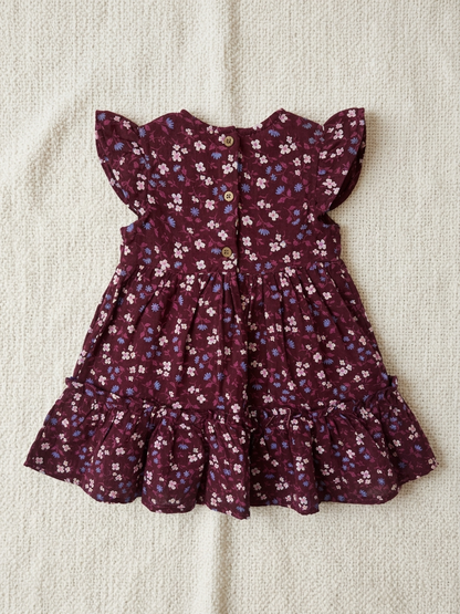 Girls' Luxe Mulberry Botanical Tiered Dress – Flutter-Sleeve Floral Occasion Wear in Airy Georgette - Serromi