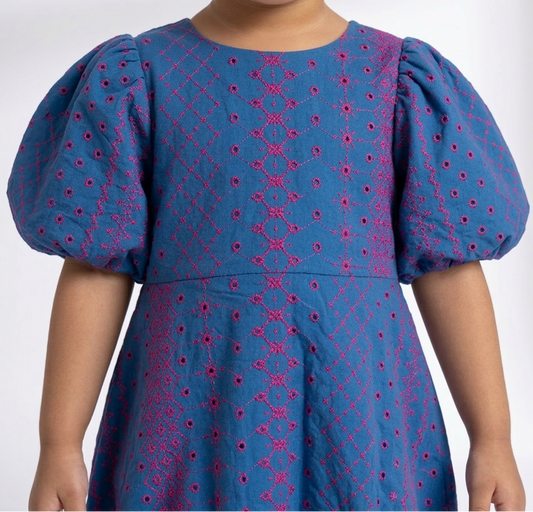 Girls’ Cobalt Azure Embroidered Bubble Dress – Luxe Geometric Lattice Party Ensemble in Fine Cotton - Serromi