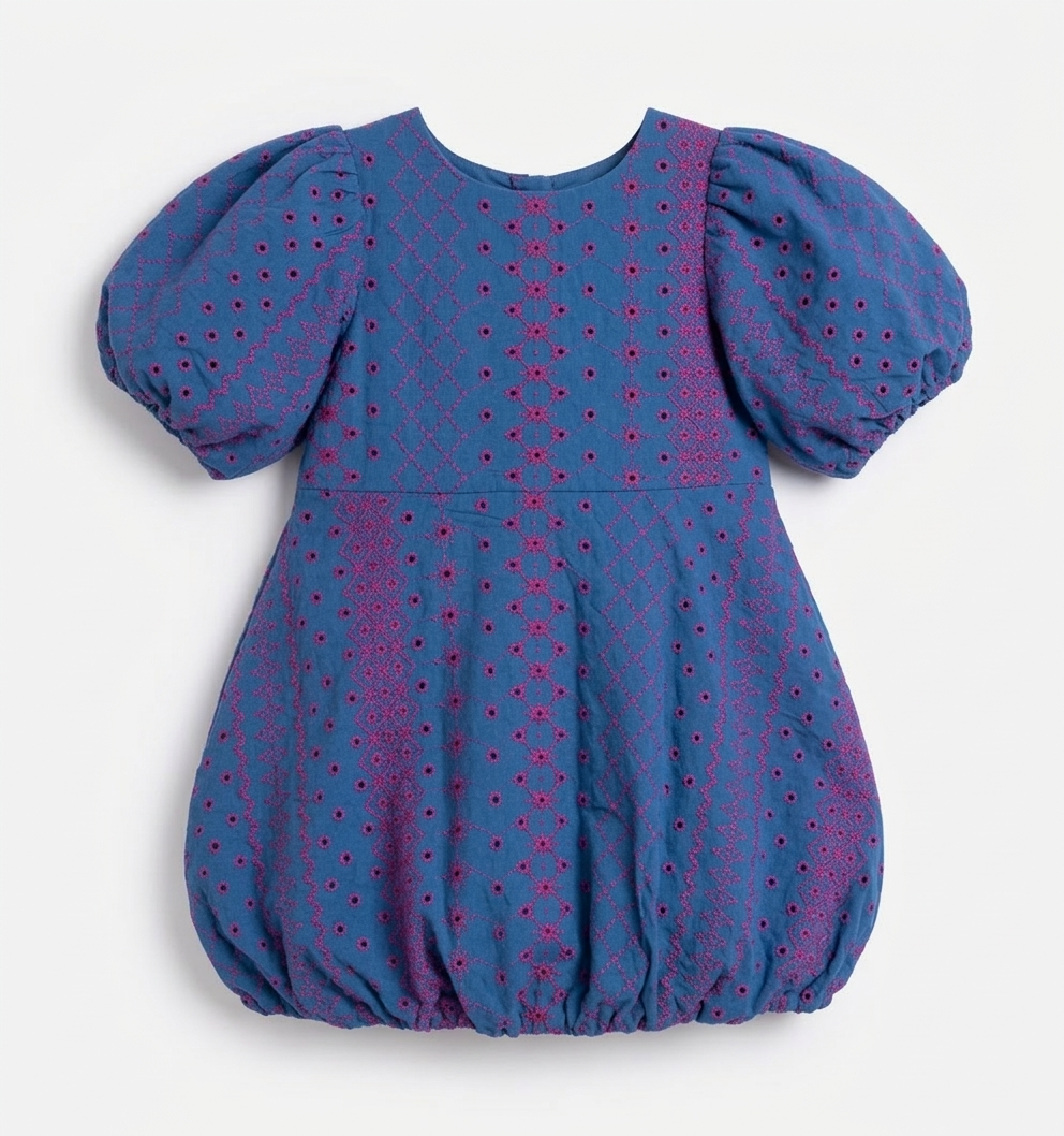 Girls’ Cobalt Azure Embroidered Bubble Dress – Luxe Geometric Lattice Party Ensemble in Fine Cotton - Serromi