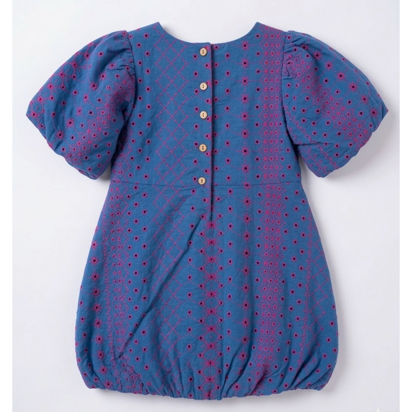 Girls’ Cobalt Azure Embroidered Bubble Dress – Luxe Geometric Lattice Party Ensemble in Fine Cotton