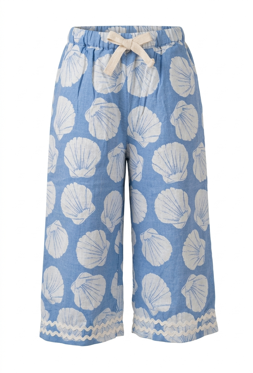Girls' Azure Seashell Linen Culottes – Coastal-Chic Wide-Leg Trousers with Ric-Rac Detailing - Serromi