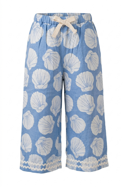 Girls' Azure Seashell Linen Culottes – Coastal-Chic Wide-Leg Trousers with Ric-Rac Detailing - Serromi