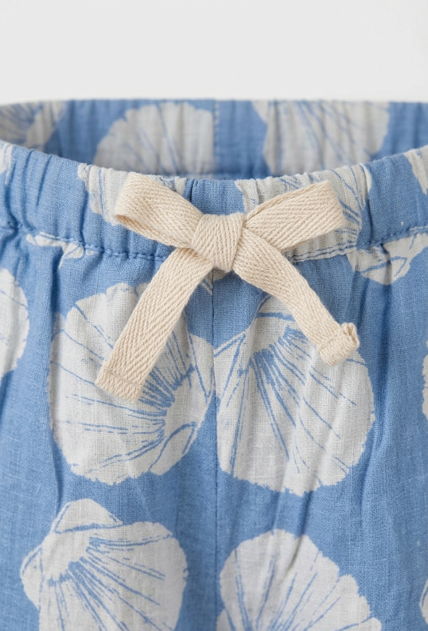 Girls' Azure Seashell Linen Culottes – Coastal-Chic Wide-Leg Trousers with Ric-Rac Detailing - Serromi