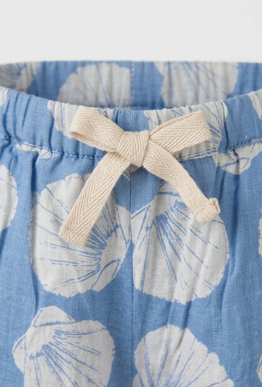 Girls' Azure Seashell Linen Culottes – Coastal-Chic Wide-Leg Trousers with Ric-Rac Detailing - Serromi