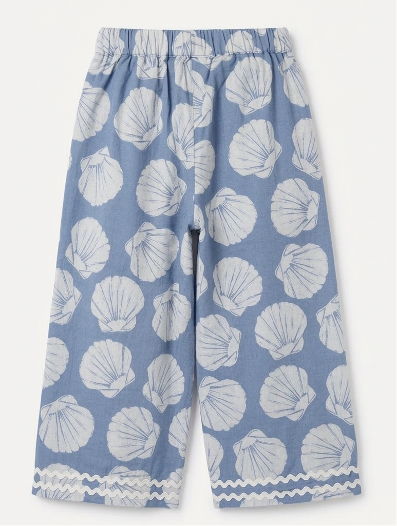 Girls' Azure Seashell Linen Culottes – Coastal-Chic Wide-Leg Trousers with Ric-Rac Detailing - Serromi