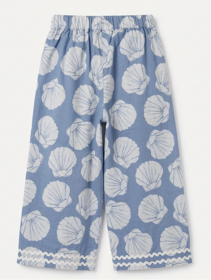 Girls' Azure Seashell Linen Culottes – Coastal-Chic Wide-Leg Trousers with Ric-Rac Detailing - Serromi