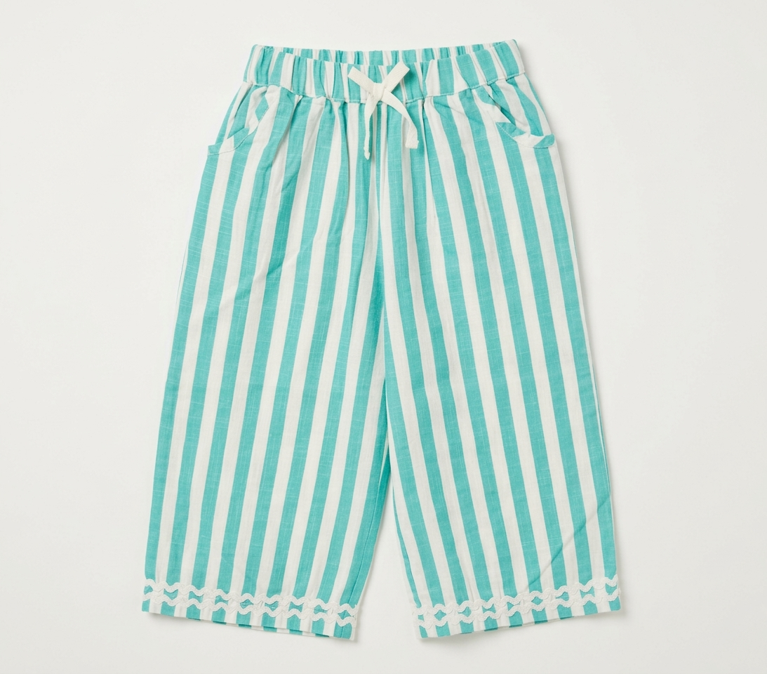 Girls' Aquamarine Striped Linen-Blend Culottes – Scalloped Lace Trim Wide-Leg Trousers in Breathable Cotton-Linen - Serromi