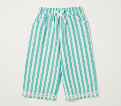 Girls' Aquamarine Striped Linen-Blend Culottes – Scalloped Lace Trim Wide-Leg Trousers in Breathable Cotton-Linen - Serromi