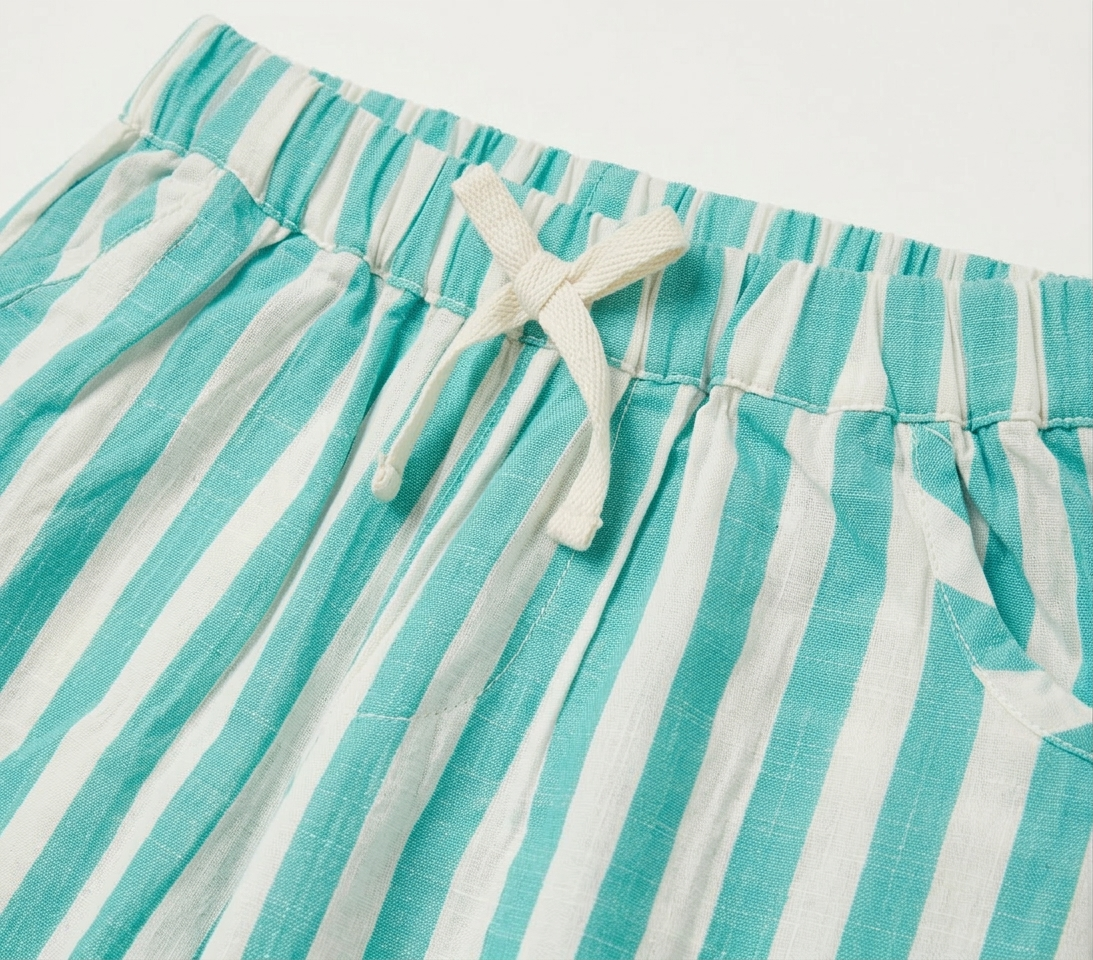 Girls' Aquamarine Striped Linen-Blend Culottes – Scalloped Lace Trim Wide-Leg Trousers in Breathable Cotton-Linen - Serromi