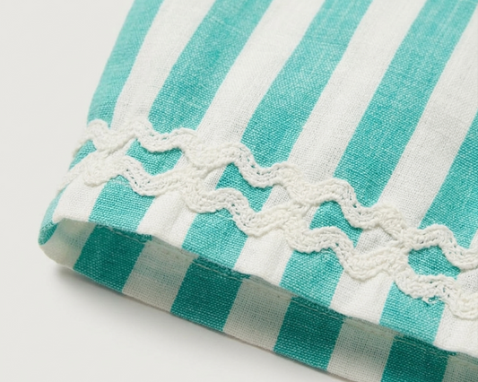 Girls' Aquamarine Striped Linen-Blend Culottes – Scalloped Lace Trim Wide-Leg Trousers in Breathable Cotton-Linen