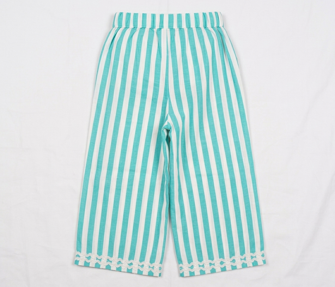Girls' Aquamarine Striped Linen-Blend Culottes – Scalloped Lace Trim Wide-Leg Trousers in Breathable Cotton-Linen - Serromi