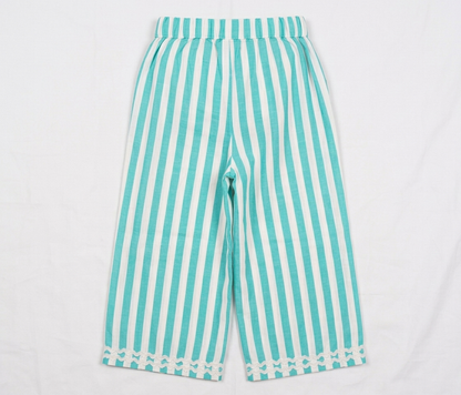 Girls' Aquamarine Striped Linen-Blend Culottes – Scalloped Lace Trim Wide-Leg Trousers in Breathable Cotton-Linen - Serromi