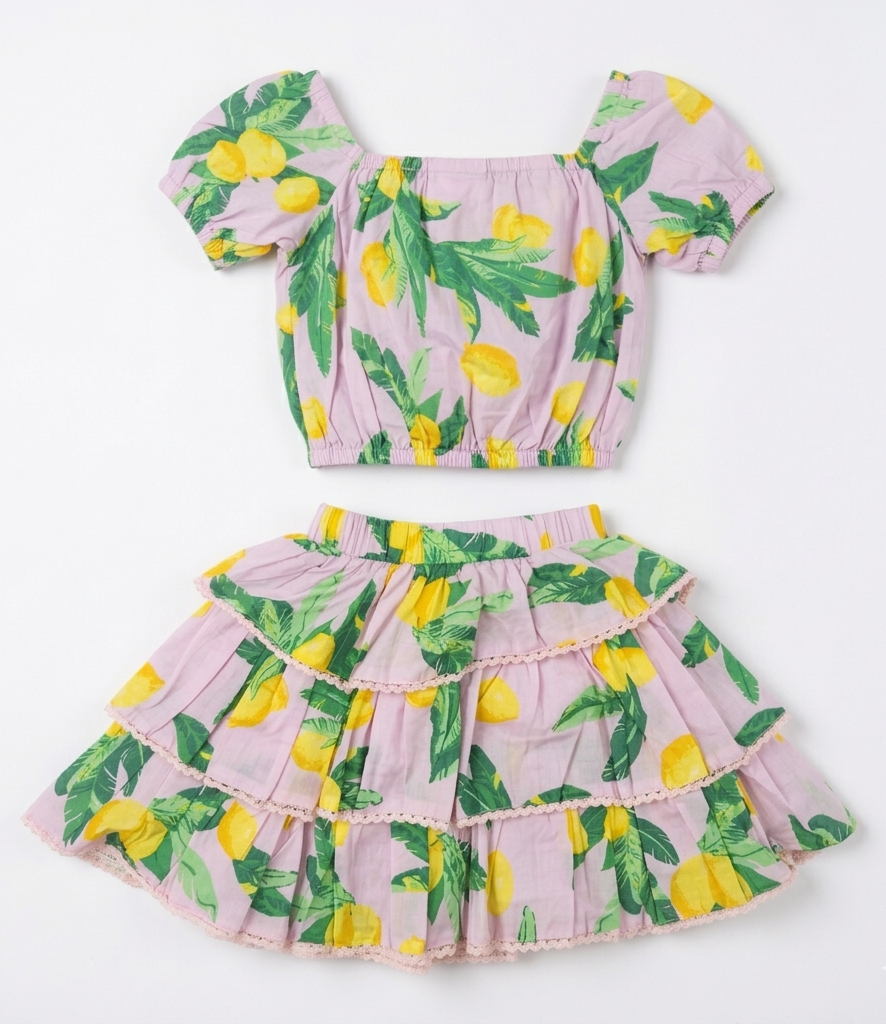 Girls' Primrose &amp; Citron Tiered Skirt Set – Ruffle Sleeve Crop Top &amp; Laced Sun Skirt in Soft Lilac - Serromi