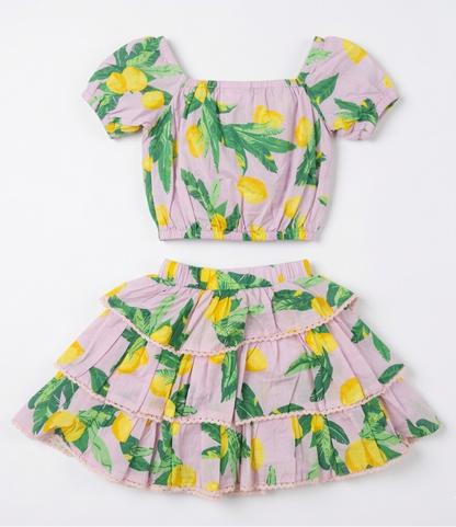 Girls' Primrose &amp; Citron Tiered Skirt Set – Ruffle Sleeve Crop Top &amp; Laced Sun Skirt in Soft Lilac - Serromi