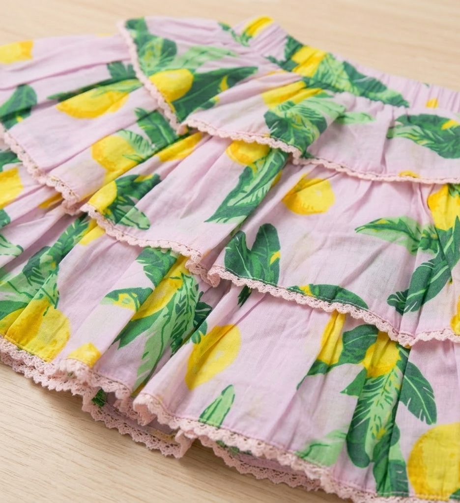 Girls' Primrose &amp; Citron Tiered Skirt Set – Ruffle Sleeve Crop Top &amp; Laced Sun Skirt in Soft Lilac - Serromi