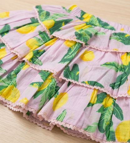 Girls' Primrose &amp; Citron Tiered Skirt Set – Ruffle Sleeve Crop Top &amp; Laced Sun Skirt in Soft Lilac - Serromi