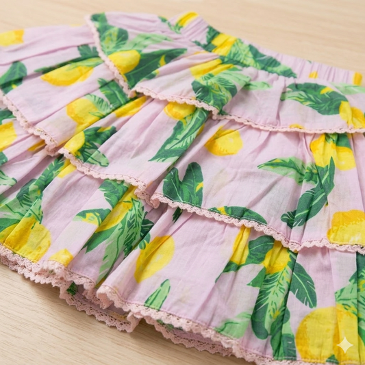 Girls' Primrose &amp; Citron Tiered Skirt Set – Ruffle Sleeve Crop Top &amp; Laced Sun Skirt in Soft Lilac - Serromi