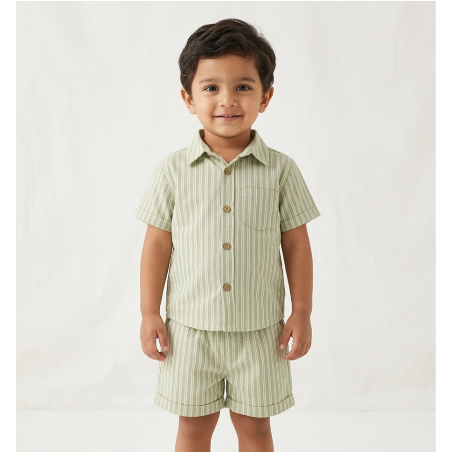 Boys' Sage Verdant Striped Linen-Blend Set – Tailored Short-Sleeve Shirt and Matching Cuffed Shorts