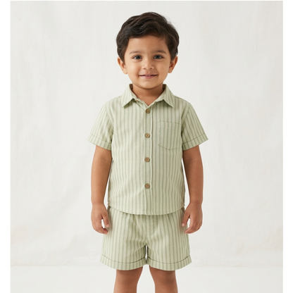 Boys' Sage Verdant Striped Linen-Blend Set – Tailored Short-Sleeve Shirt and Matching Cuffed Shorts