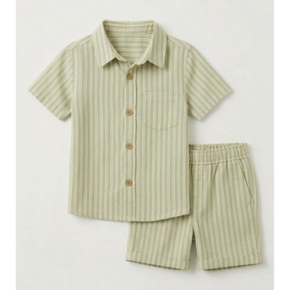 Boys' Sage Verdant Striped Linen-Blend Set – Tailored Short-Sleeve Shirt and Matching Cuffed Shorts