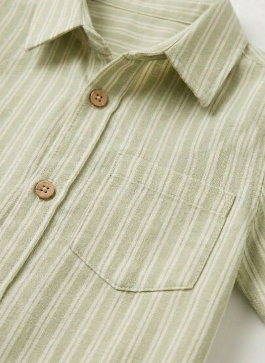 Boys' Sage Verdant Striped Linen-Blend Set – Tailored Short-Sleeve Shirt and Matching Cuffed Shorts - Serromi