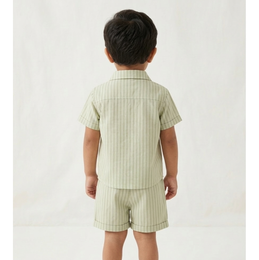 Boys' Sage Verdant Striped Linen-Blend Set – Tailored Short-Sleeve Shirt and Matching Cuffed Shorts