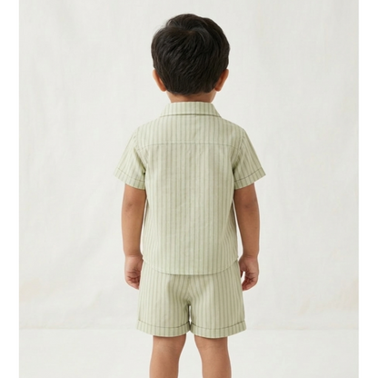 Boys' Sage Verdant Striped Linen-Blend Set – Tailored Short-Sleeve Shirt and Matching Cuffed Shorts
