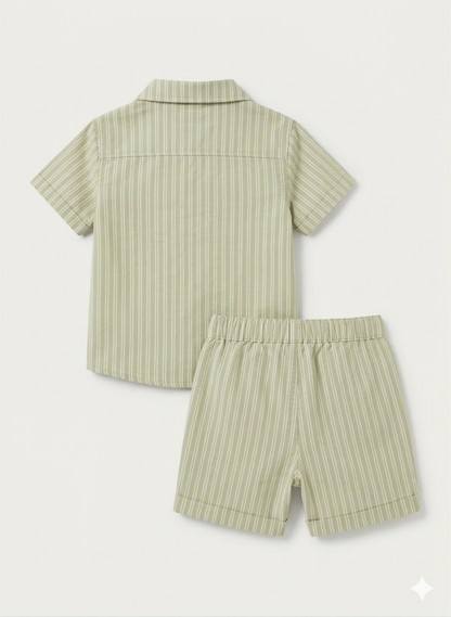 Boys' Sage Verdant Striped Linen-Blend Set – Tailored Short-Sleeve Shirt and Matching Cuffed Shorts - Serromi