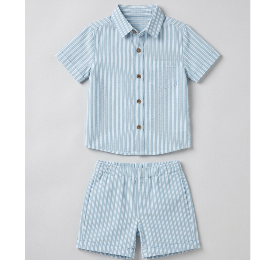 Boys' Coastal Blue Striped Linen-Blend Set – Tailored Short-Sleeve Shirt &amp; Matching Shorts