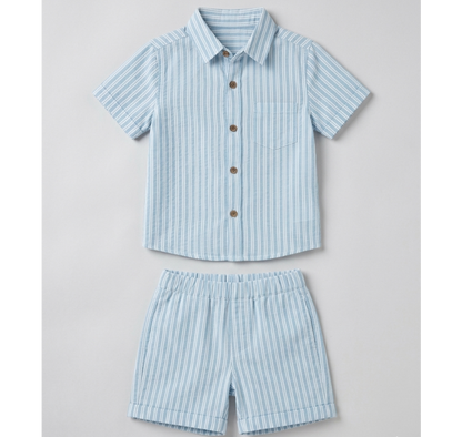 Boys' Coastal Blue Striped Linen-Blend Set – Tailored Short-Sleeve Shirt &amp; Matching Shorts
