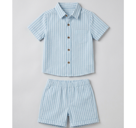 Boys' Coastal Blue Striped Linen-Blend Set – Tailored Short-Sleeve Shirt &amp; Matching Shorts