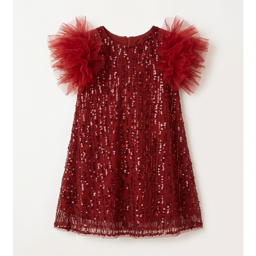 Girls' Premium Crimson Sequin Shift Dress – Tulle Rosette Sleeve Party Dress in Lustrous Mesh