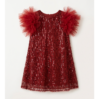 Girls' Premium Crimson Sequin Shift Dress – Tulle Rosette Sleeve Party Dress in Lustrous Mesh