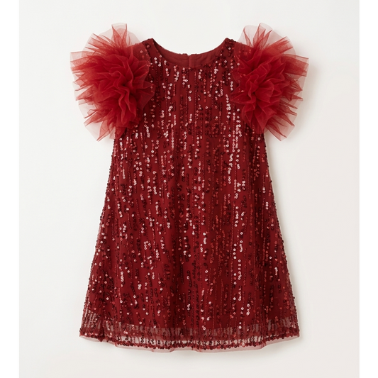 Girls' Premium Crimson Sequin Shift Dress – Tulle Rosette Sleeve Party Dress in Lustrous Mesh