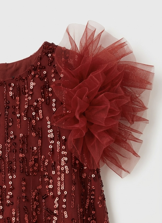 Girls' Premium Crimson Sequin Shift Dress – Tulle Rosette Sleeve Party Dress in Lustrous Mesh - Serromi
