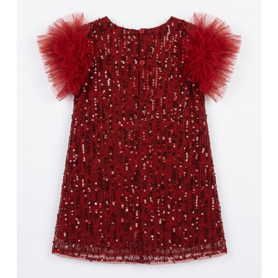Girls' Premium Crimson Sequin Shift Dress – Tulle Rosette Sleeve Party Dress in Lustrous Mesh
