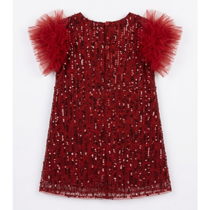 Girls' Premium Crimson Sequin Shift Dress – Tulle Rosette Sleeve Party Dress in Lustrous Mesh