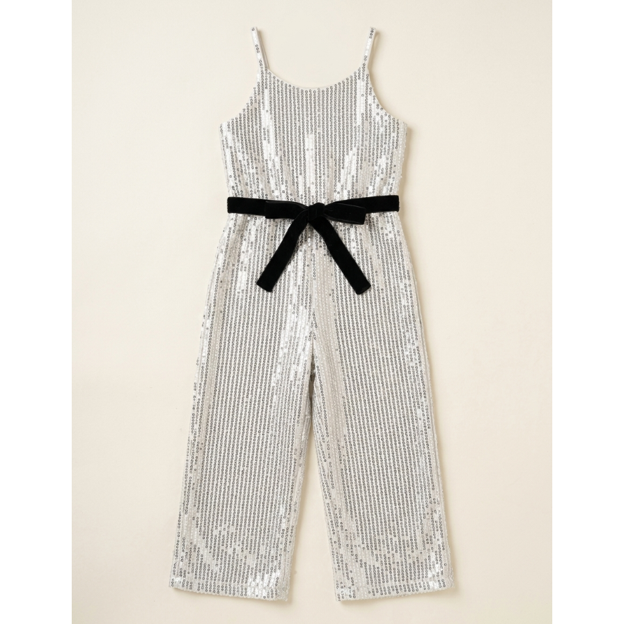 Girls’ Premium Silver Sequin Gala Jumpsuit – Velvet-Belted Wide Leg Evening Wear in Shimmering Mesh - Serromi