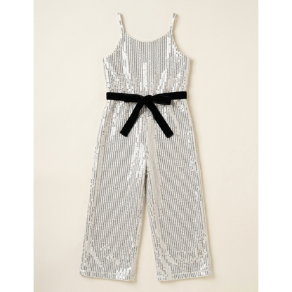 Girls’ Premium Silver Sequin Gala Jumpsuit – Velvet-Belted Wide Leg Evening Wear in Shimmering Mesh - Serromi