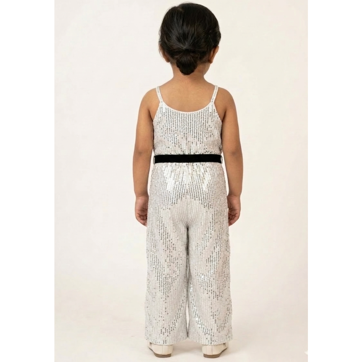 Girls’ Premium Silver Sequin Gala Jumpsuit – Velvet-Belted Wide Leg Evening Wear in Shimmering Mesh