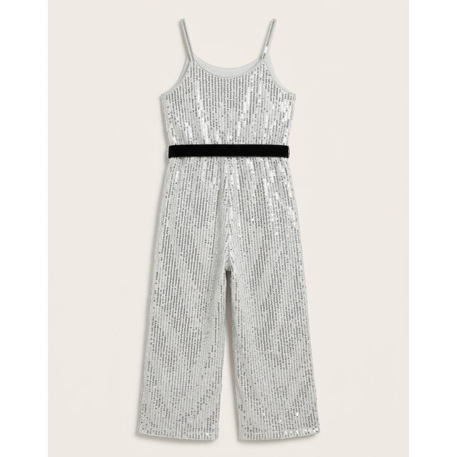 Girls’ Premium Silver Sequin Gala Jumpsuit – Velvet-Belted Wide Leg Evening Wear in Shimmering Mesh - Serromi