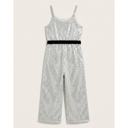 Girls’ Premium Silver Sequin Gala Jumpsuit – Velvet-Belted Wide Leg Evening Wear in Shimmering Mesh - Serromi