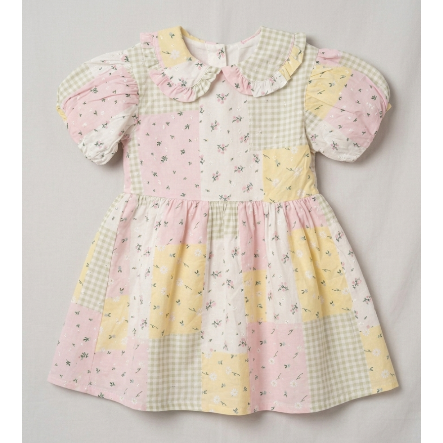 Little Girls' Pastel Patchwork Meadow Dress – Hand-Finished Cotton Tea Dress with Peter Pan Collar