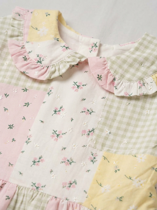 Little Girls' Pastel Patchwork Meadow Dress – Hand-Finished Cotton Tea Dress with Peter Pan Collar - Serromi