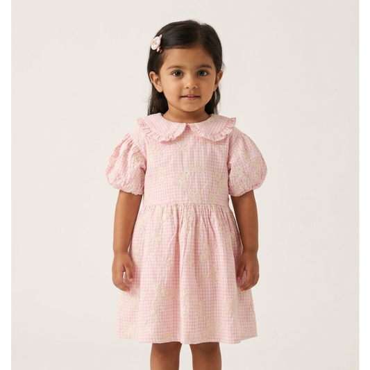 Girls' Premium Peony-Blush Gingham Embroidered Dress – Ruffled Peter Pan Collar &amp; Puff Sleeve Boutique Party Wear