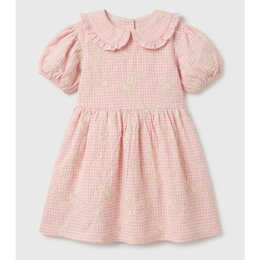Girls' Premium Peony-Blush Gingham Embroidered Dress – Ruffled Peter Pan Collar &amp; Puff Sleeve Boutique Party Wear