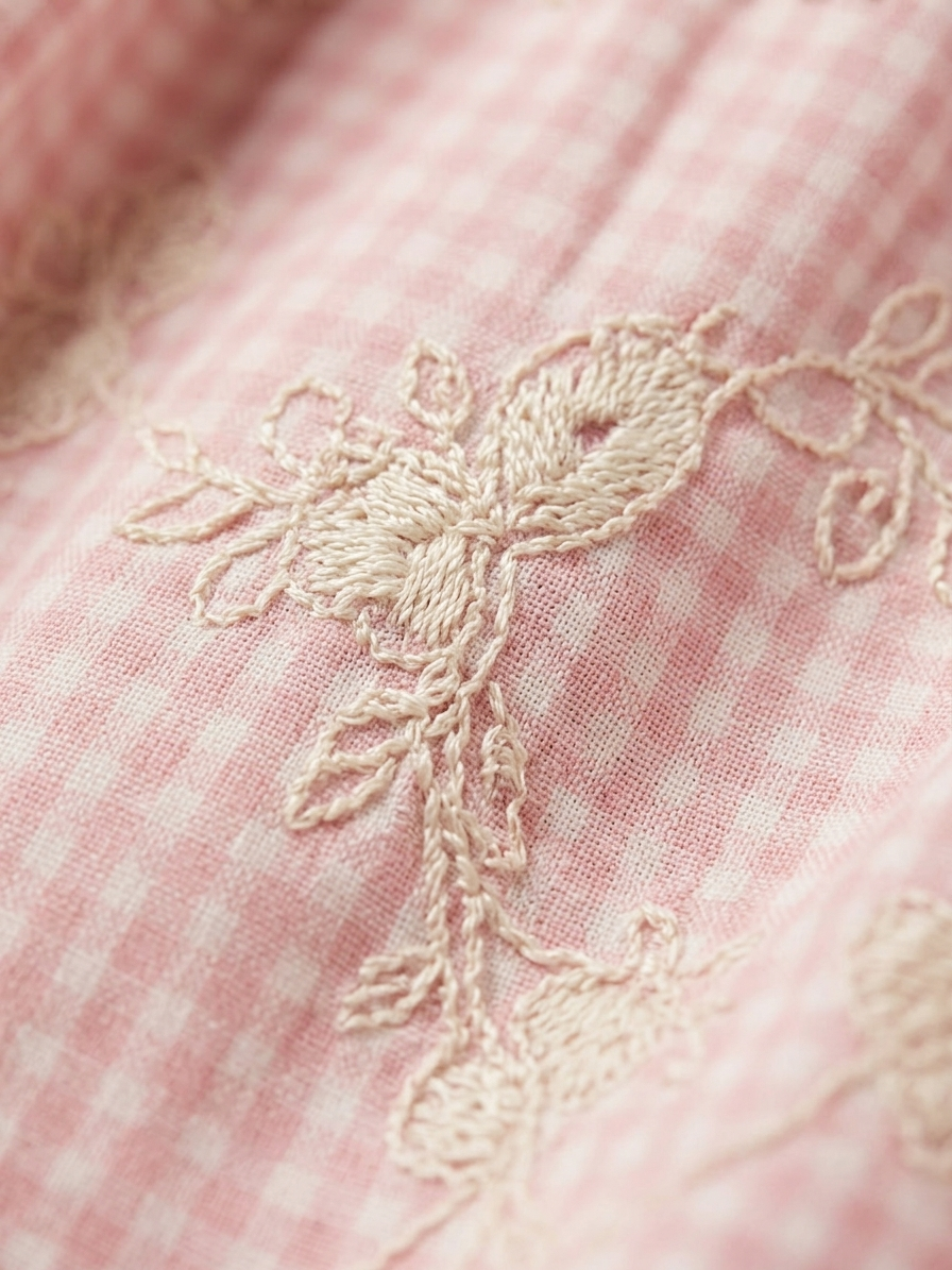 Girls' Premium Peony-Blush Gingham Embroidered Dress – Ruffled Peter Pan Collar &amp; Puff Sleeve Boutique Party Wear - Serromi