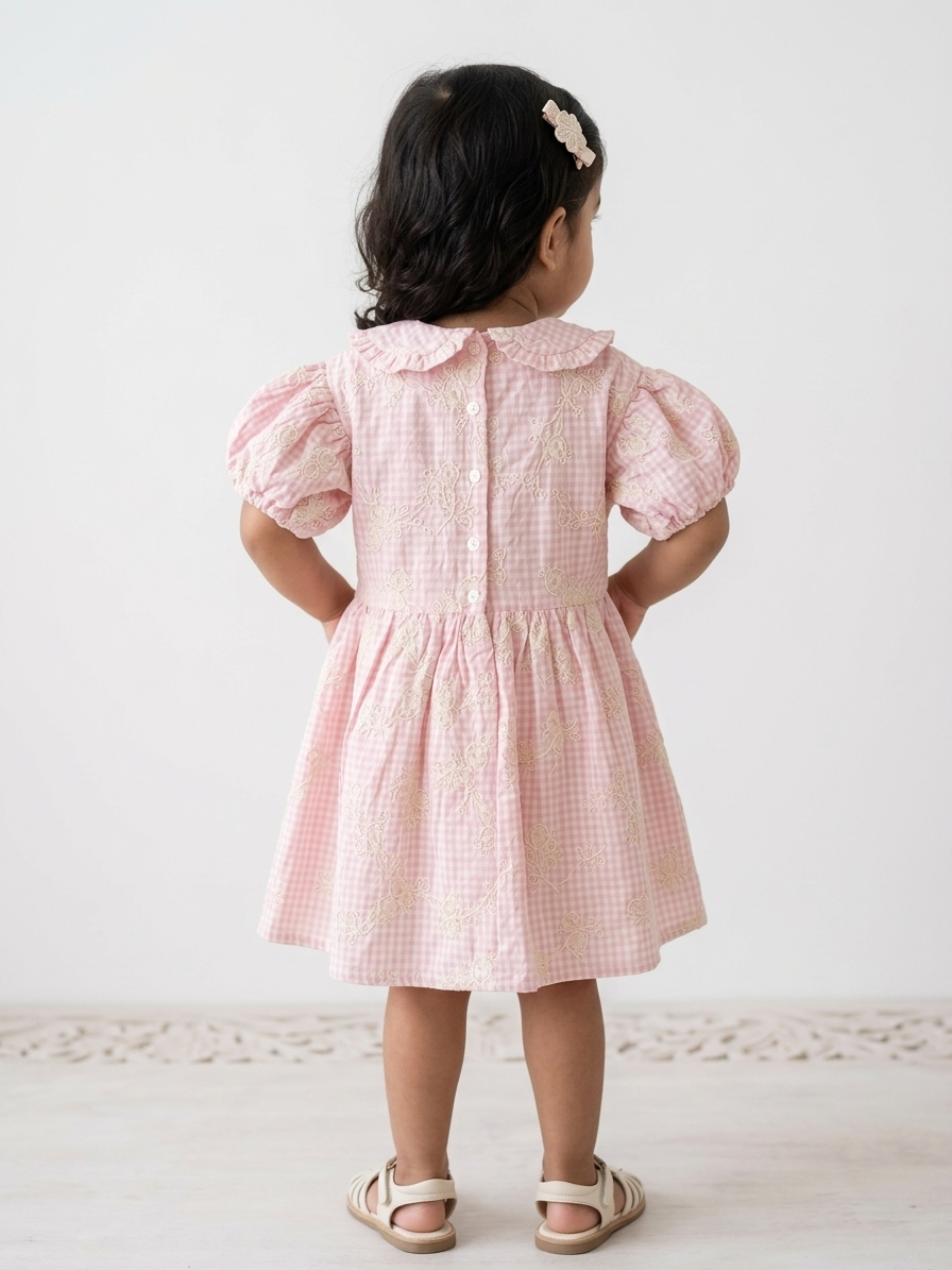Girls' Premium Peony-Blush Gingham Embroidered Dress – Ruffled Peter Pan Collar &amp; Puff Sleeve Boutique Party Wear - Serromi